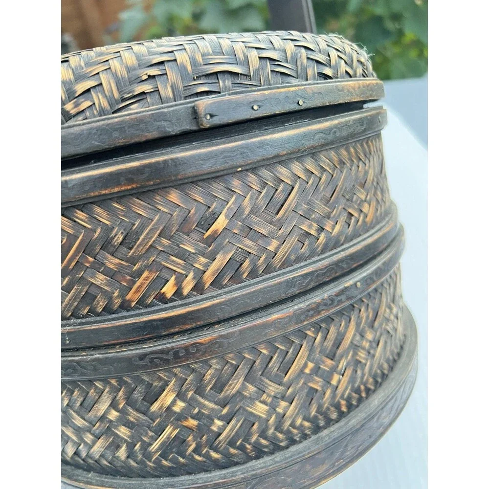 1900 Chinese 2-Tier Woven Bamboo Wedding Basket Metal Floral Medallion
